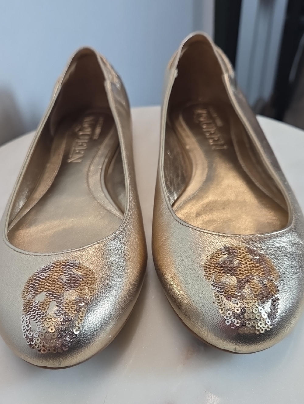 Alexander McQueen Gold Leather Metallic Sequin-Toe Ballet Flats Size 37.5 - Picture 2 of 13